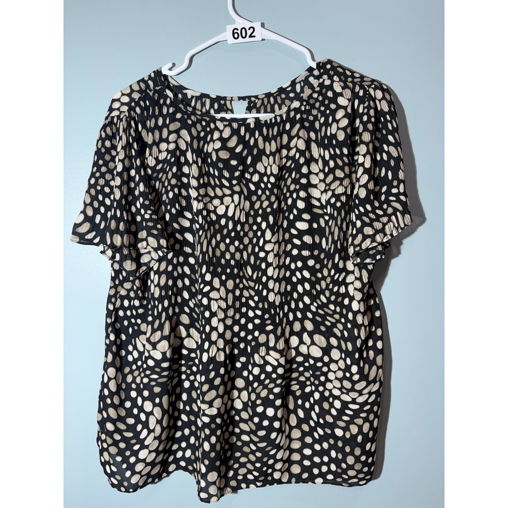 Ninety Clothing Co Black Beige Pebble Dot Pleated Short Sleeve Blouse Top L